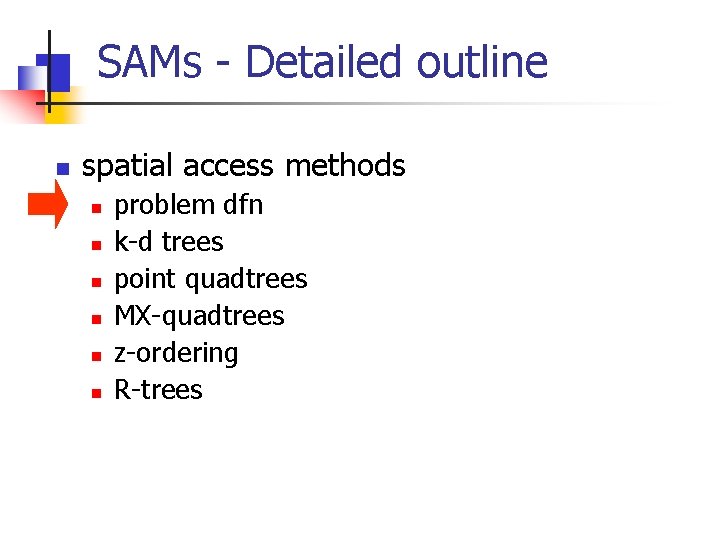 SAMs - Detailed outline n spatial access methods n n n problem dfn k-d