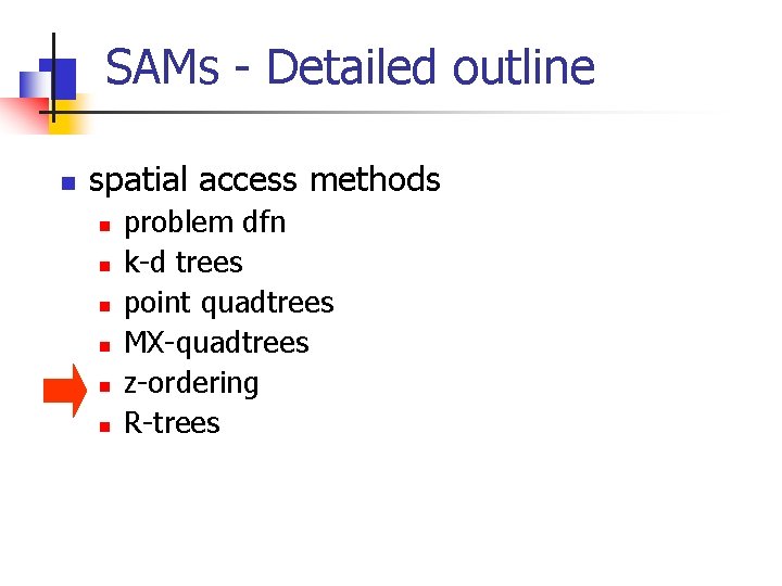 SAMs - Detailed outline n spatial access methods n n n problem dfn k-d