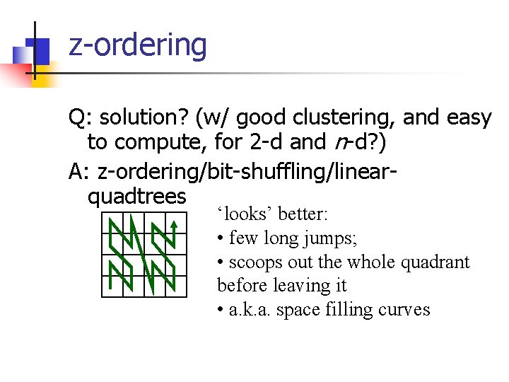 z-ordering Q: solution? (w/ good clustering, and easy to compute, for 2 -d and