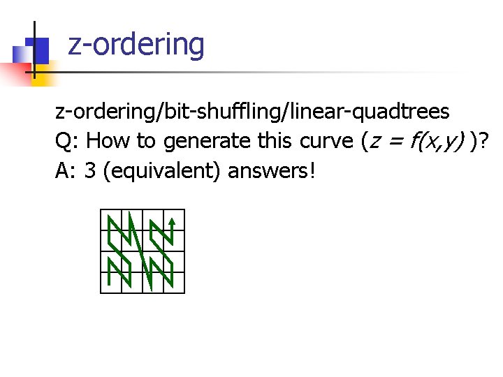 z-ordering/bit-shuffling/linear-quadtrees Q: How to generate this curve (z = f(x, y) )? A: 3