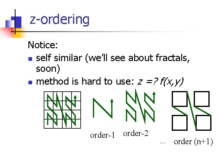 z-ordering Notice: n self similar (we’ll see about fractals, soon) n method is hard