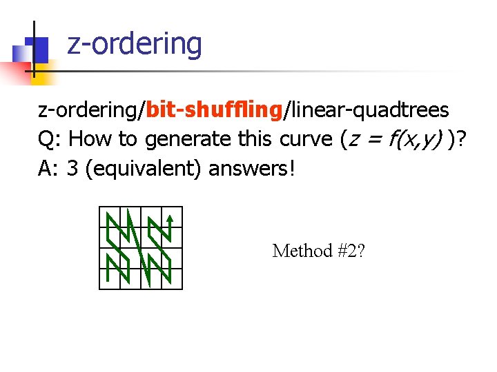 z-ordering/bit-shuffling/linear-quadtrees Q: How to generate this curve (z = f(x, y) )? A: 3