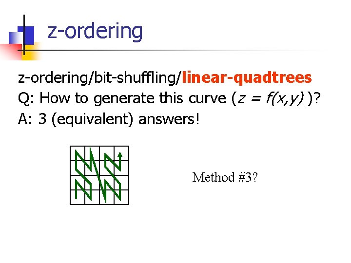 z-ordering/bit-shuffling/linear-quadtrees Q: How to generate this curve (z = f(x, y) )? A: 3