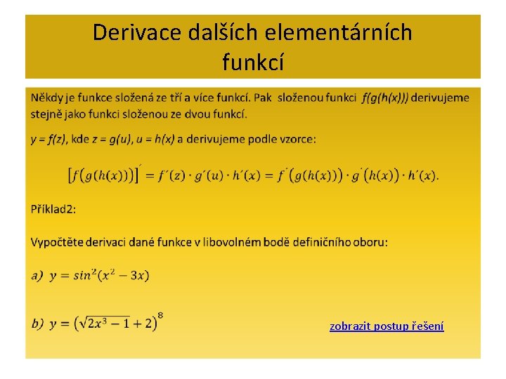 Derivace dalších elementárních funkcí • zobrazit postup řešení 