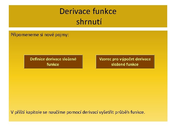 Derivace funkce shrnutí Připomeneme si nové pojmy: V příští kapitole se naučíme pomocí derivací