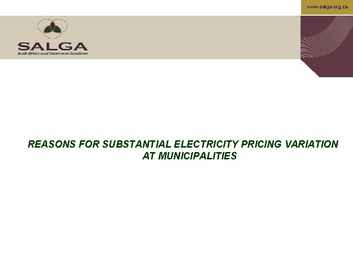 www. salga. org. za REASONS FOR SUBSTANTIAL ELECTRICITY PRICING VARIATION AT MUNICIPALITIES 