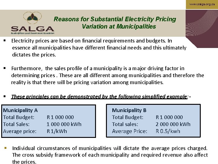 www. salga. org. za Reasons for Substantial Electricity Pricing Variation at Municipalities § Electricity