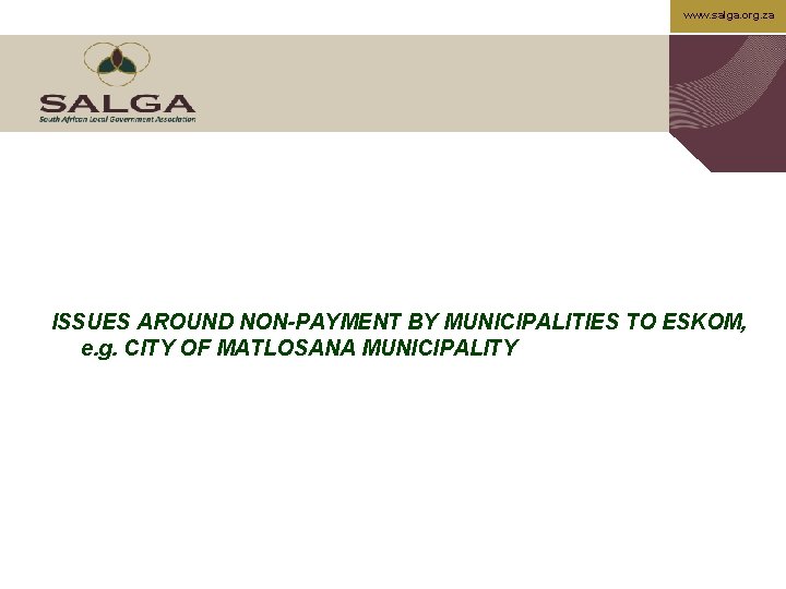 www. salga. org. za ISSUES AROUND NON-PAYMENT BY MUNICIPALITIES TO ESKOM, e. g. CITY