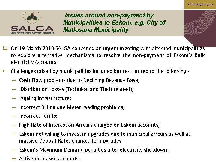 www. salga. org. za Issues around non-payment by Municipalities to Eskom, e. g. City