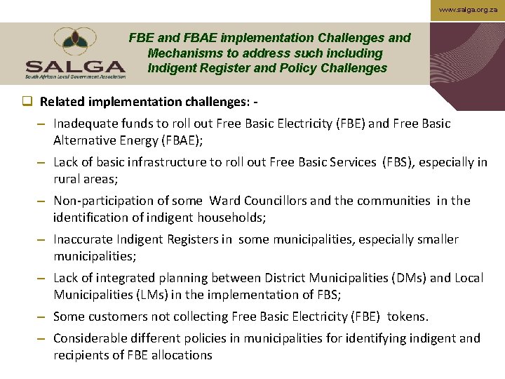 www. salga. org. za FBE and FBAE implementation Challenges and Mechanisms to address such