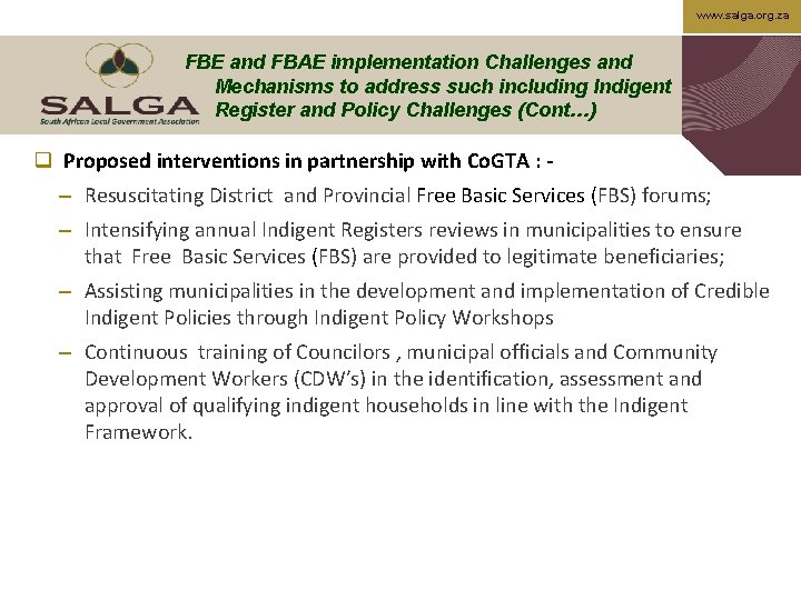 www. salga. org. za FBE and FBAE implementation Challenges and Mechanisms to address such