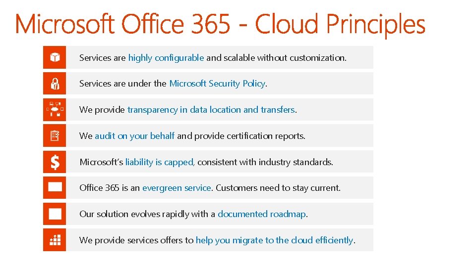Services are highly configurable and scalable without customization. Services are under the Microsoft Security