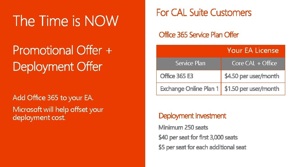 Your EA License Service Plan Add Office 365 to your EA. Microsoft will help