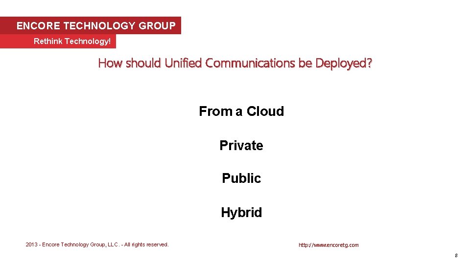 ENCORE TECHNOLOGY GROUP Rethink Technology! How should Unified Communications be Deployed? From a Cloud