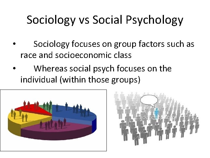 Sociology vs Social Psychology Sociology focuses on group factors such as race and socioeconomic