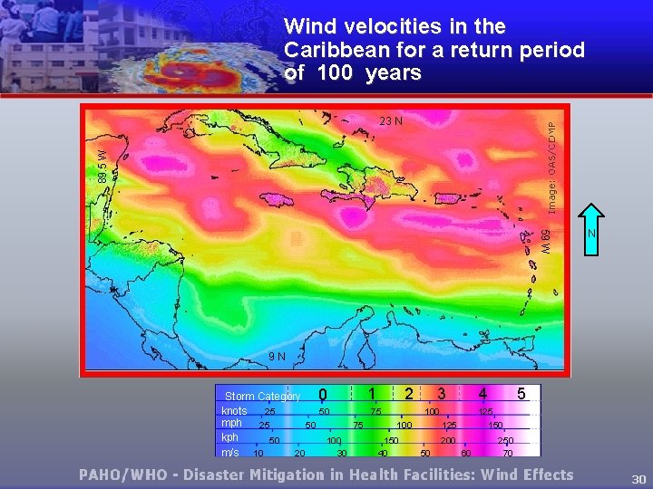 Wind velocities in the Caribbean for a return period of 100 years 89. 5