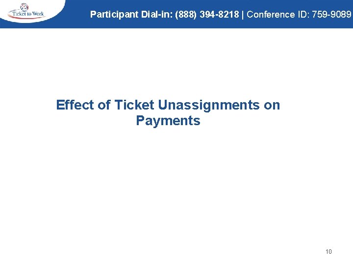 Participant Dial-in: (888) 394 -8218 | Conference ID: 759 -9089 Effect of Ticket Unassignments