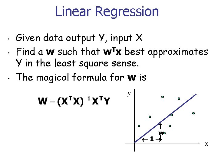 Linear Regression • • • Given data output Y, input X Find a w