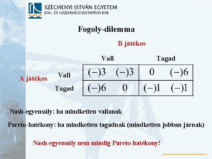 Fogoly-dilemma B játékos Vall A játékos Tagad Vall Tagad Nash-egyensúly: ha mindketten vallanak Pareto-hatékony: