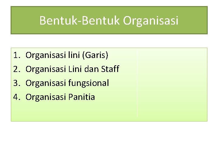 Bentuk-Bentuk Organisasi 1. 2. 3. 4. Organisasi lini (Garis) Organisasi Lini dan Staff Organisasi