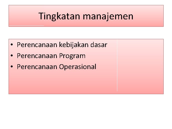 Tingkatan manajemen • Perencanaan kebijakan dasar • Perencanaan Program • Perencanaan Operasional 