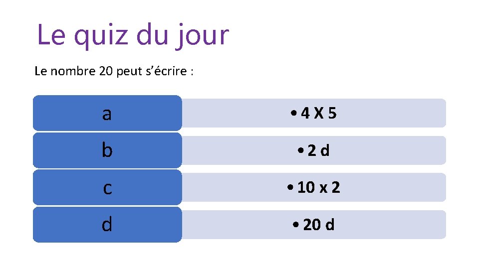 Le quiz du jour Le nombre 20 peut s’écrire : a • 4 X