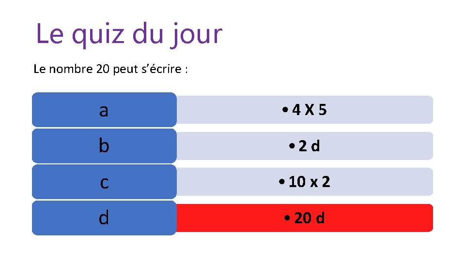 Le quiz du jour Le nombre 20 peut s’écrire : a • 4 X