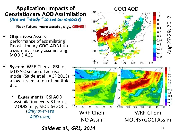GOCI AOD Aug 27 -29, 2012 Application: Impacts of Geostationary AOD Assimilation (Are we