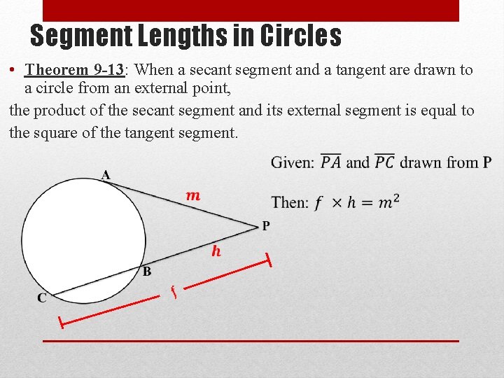 Segment Lengths in Circles • Theorem 9 -13: When a secant segment and a