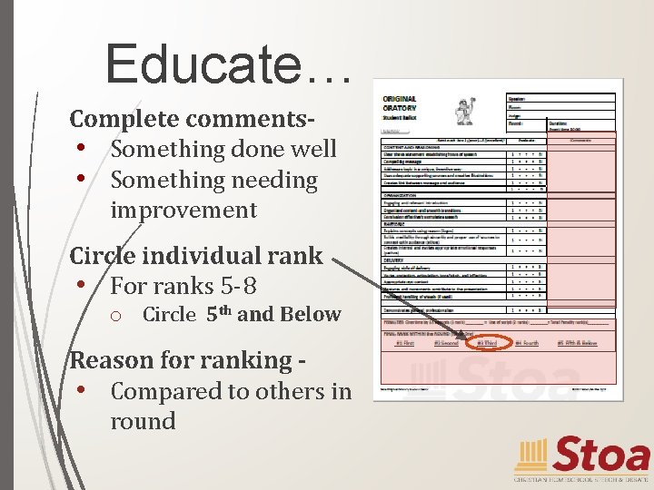 Educate… Complete comments • Something done well • Something needing improvement Circle individual rank