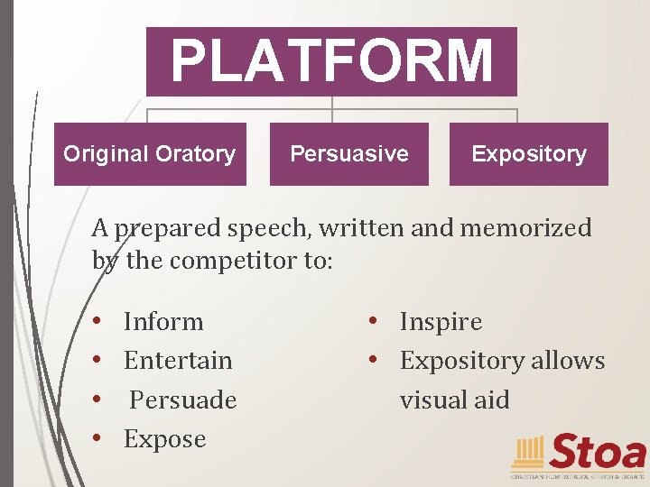 PLATFORM Original Oratory Persuasive Expository A prepared speech, written and memorized by the competitor