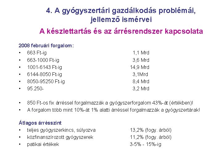 4. A gyógyszertári gazdálkodás problémái, jellemző ismérvei A készlettartás és az árrésrendszer kapcsolata 2008