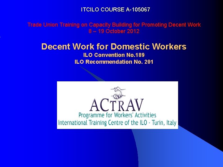 ITCILO COURSE A-105067 Trade Union Training on Capacity Building for Promoting Decent Work 8