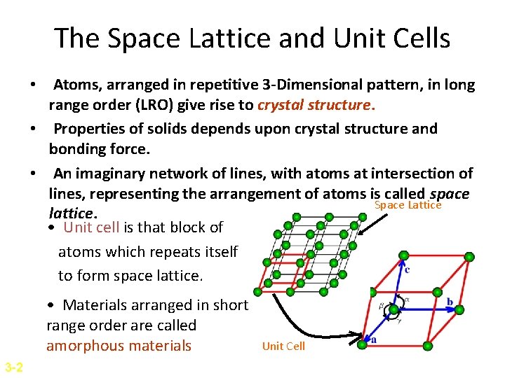 The Space Lattice and Unit Cells • Atoms, arranged in repetitive 3 -Dimensional pattern, The Space Lattice and Unit Cells • Atoms, arranged in repetitive 3 -Dimensional pattern,