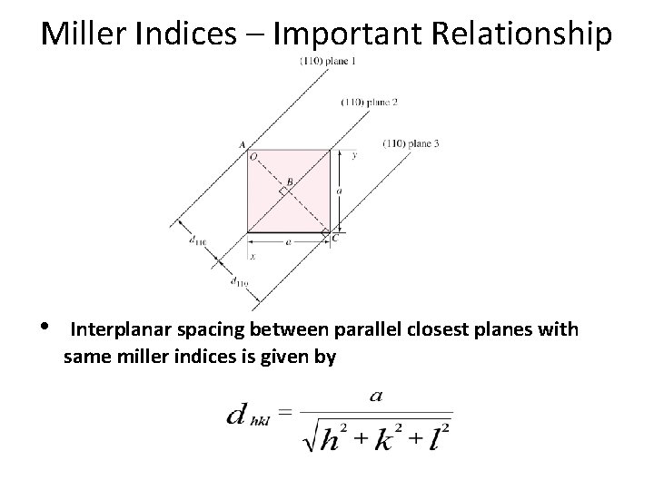 Miller Indices – Important Relationship • Interplanar spacing between parallel closest planes with same Miller Indices – Important Relationship • Interplanar spacing between parallel closest planes with same