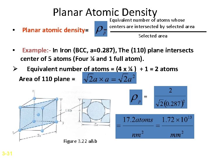 Planar Atomic Density • Planar atomic density= = Equivalent number of atoms whose centers Planar Atomic Density • Planar atomic density= = Equivalent number of atoms whose centers
