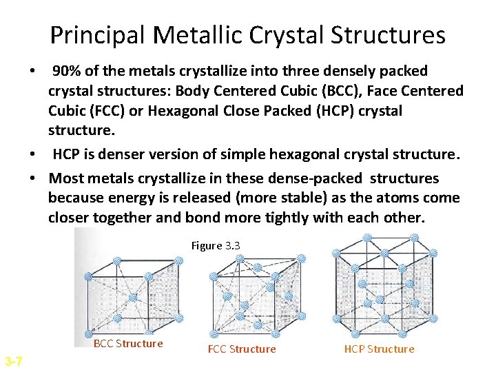 Principal Metallic Crystal Structures • 90% of the metals crystallize into three densely packed Principal Metallic Crystal Structures • 90% of the metals crystallize into three densely packed