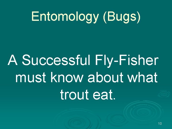 Entomology (Bugs) A Successful Fly-Fisher must know about what trout eat. 10 