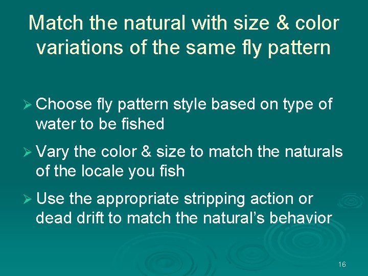 Match the natural with size & color variations of the same fly pattern Ø