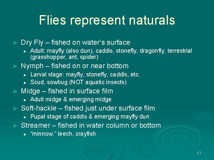 Flies represent naturals Ø Dry Fly – fished on water’s surface l Ø Nymph