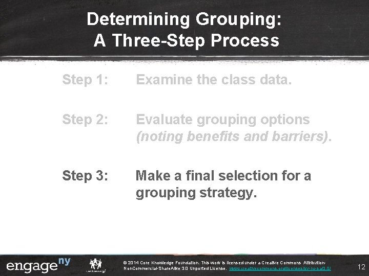 Determining Grouping: A Three-Step Process Step 1: Examine the class data. Step 2: Evaluate