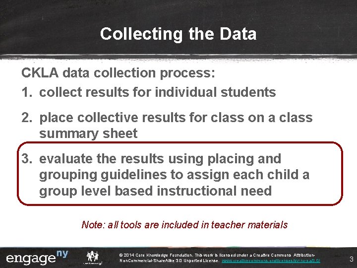Collecting the Data CKLA data collection process: 1. collect results for individual students 2.