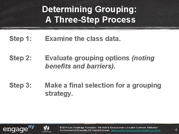 Determining Grouping: A Three-Step Process Step 1: Examine the class data. Step 2: Evaluate