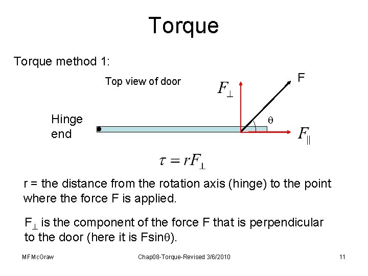 Torque method 1: F Top view of door Hinge end r = the distance Torque method 1: F Top view of door Hinge end r = the distance