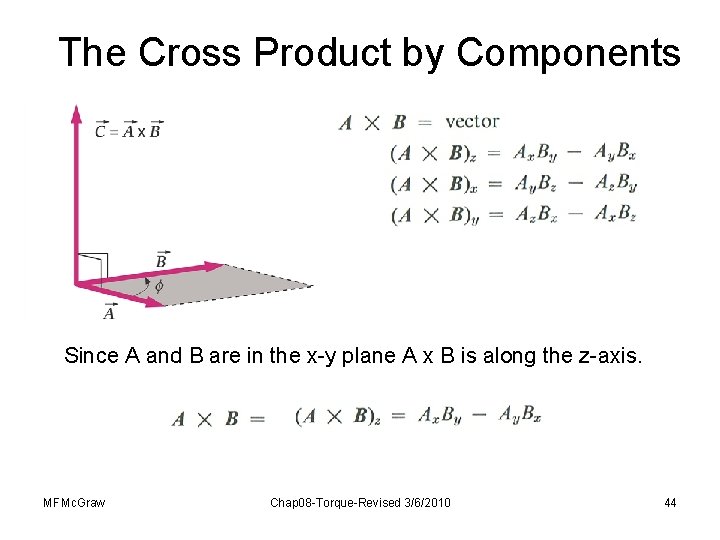 The Cross Product by Components Since A and B are in the x-y plane The Cross Product by Components Since A and B are in the x-y plane