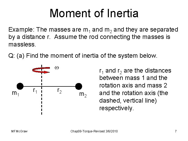 Moment of Inertia Example: The masses are m 1 and m 2 and they Moment of Inertia Example: The masses are m 1 and m 2 and they