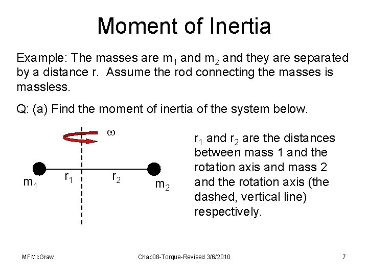 Moment of Inertia Example: The masses are m 1 and m 2 and they