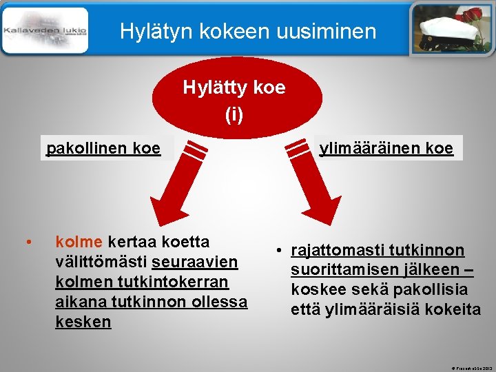 Älä muuta perustyylidiaa Hylätyn kokeen uusiminen Hylätty koe (i) pakollinen koe • kolme kertaa