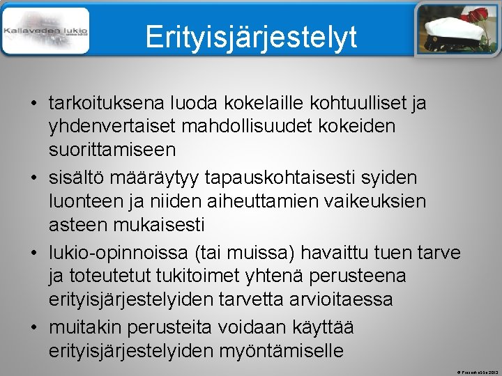 Älä muuta perustyylidiaa Erityisjärjestelyt • tarkoituksena luoda kokelaille kohtuulliset ja yhdenvertaiset mahdollisuudet kokeiden suorittamiseen