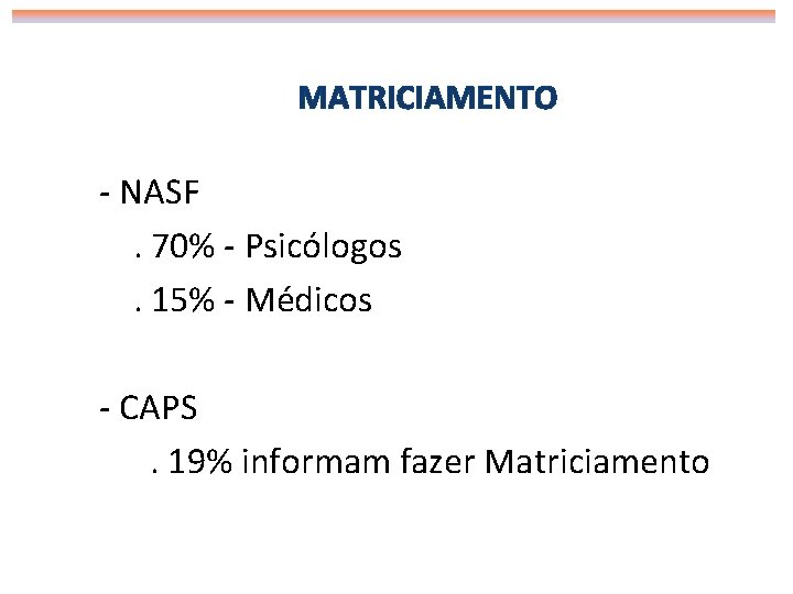 MATRICIAMENTO - NASF. 70% - Psicólogos. 15% - Médicos - CAPS. 19% informam fazer